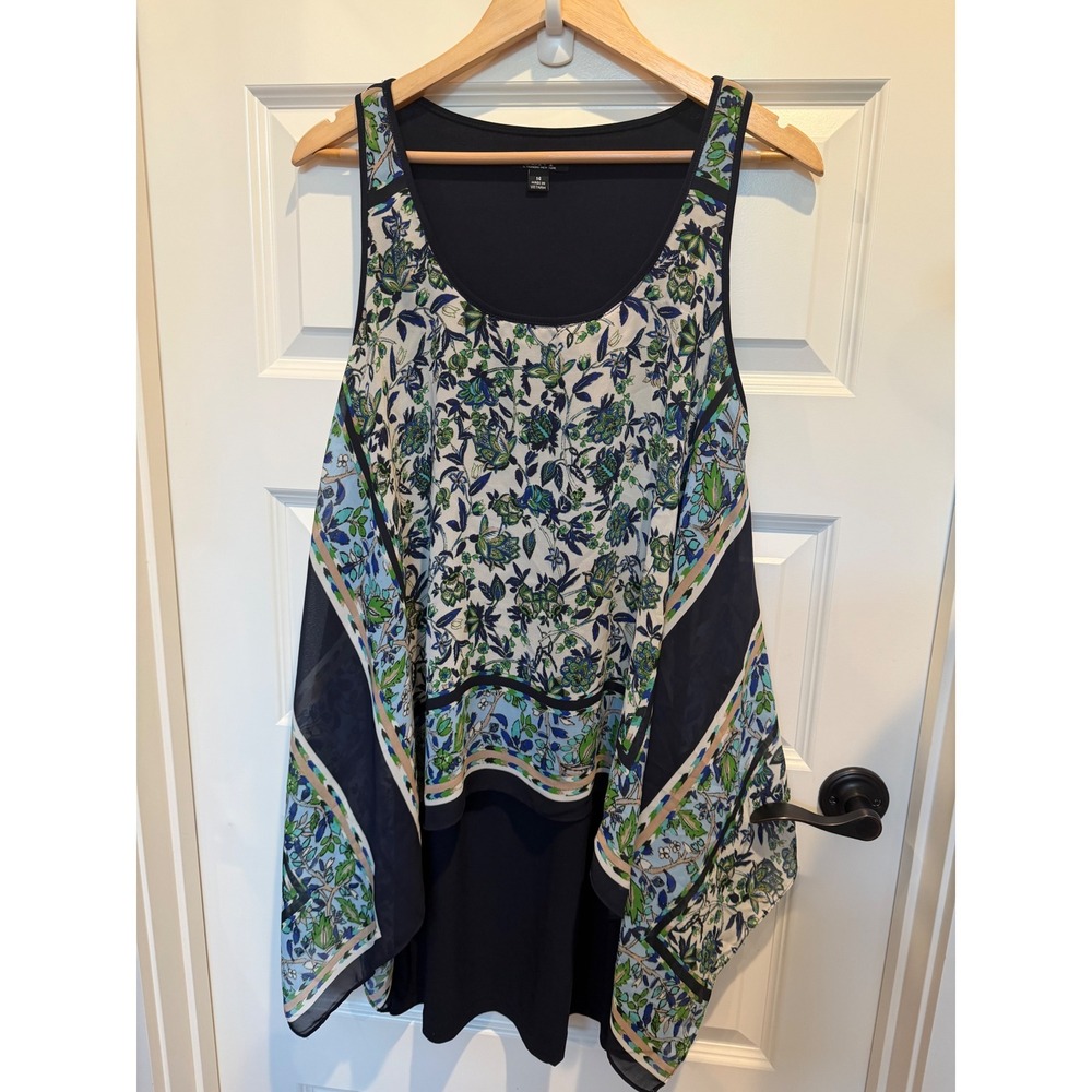 SLNY Fashions New York Navy Floral Layered Chiffon Sharkbite Blouse Dress  14